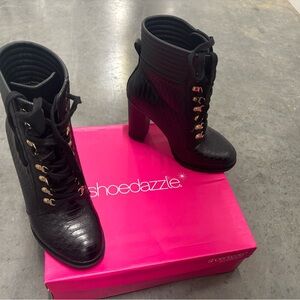 Shoe Dazzle Black Heeled Boots with Gold Accents